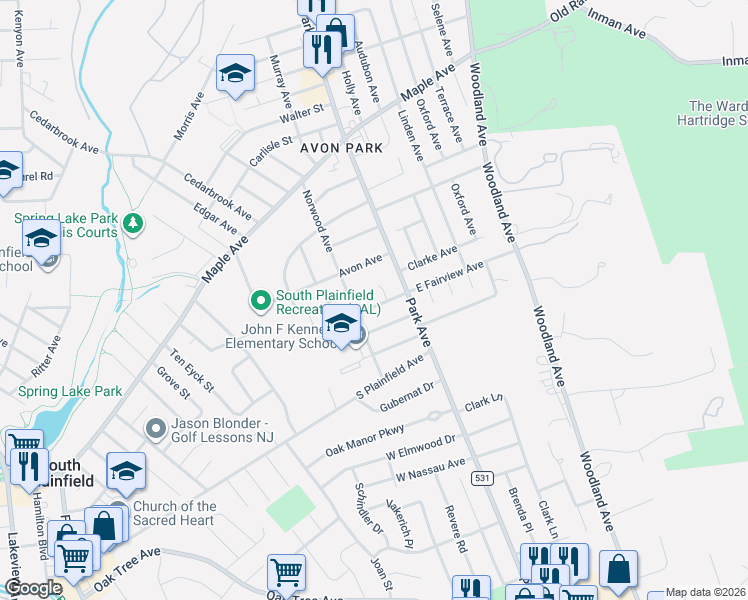 map of restaurants, bars, coffee shops, grocery stores, and more near 124 West Fairview Avenue in South Plainfield