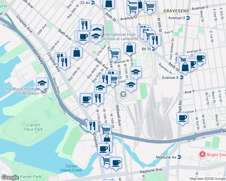 map of restaurants, bars, coffee shops, grocery stores, and more near 2430 Stillwell Avenue in Brooklyn