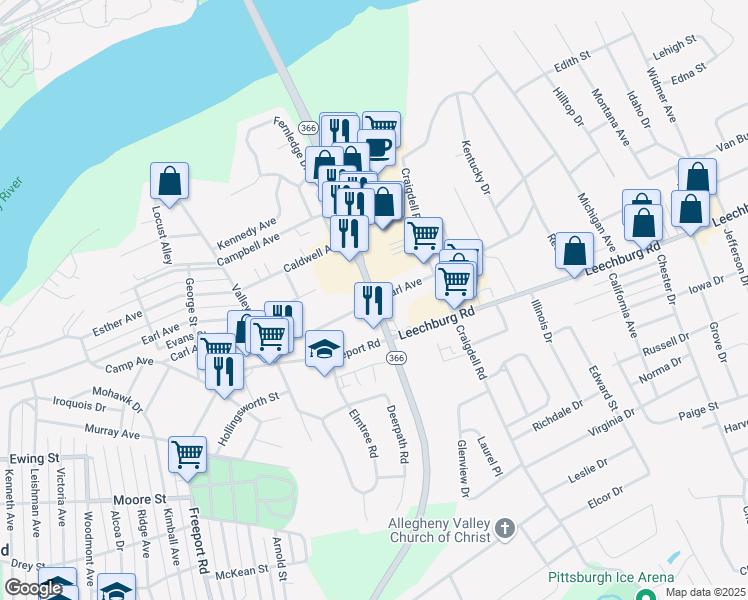 map of restaurants, bars, coffee shops, grocery stores, and more near 200 Tarentum Bridge Road in New Kensington
