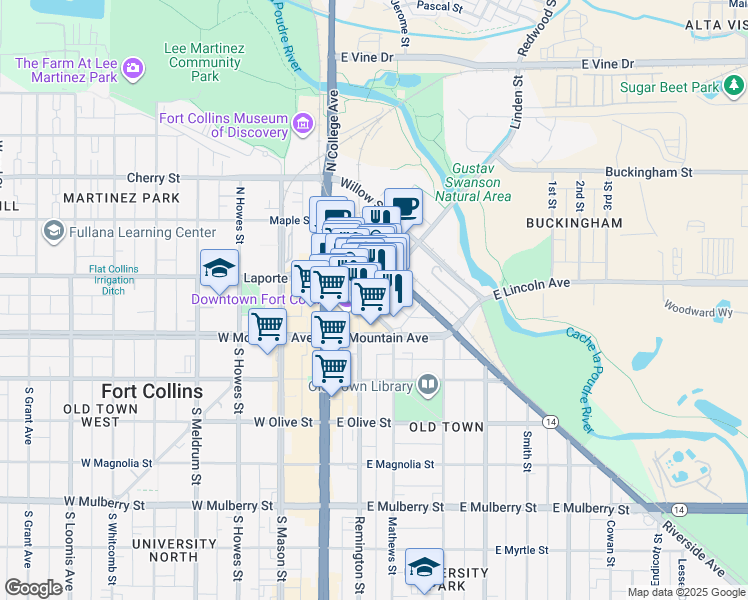 map of restaurants, bars, coffee shops, grocery stores, and more near 217 Linden Street in Fort Collins
