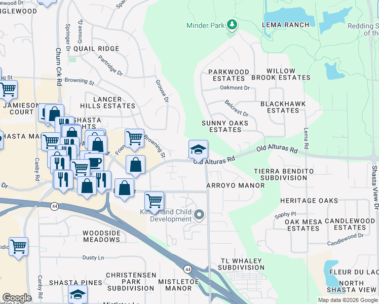 map of restaurants, bars, coffee shops, grocery stores, and more near 1320 Old Alturas Rd in Redding