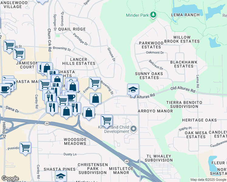 map of restaurants, bars, coffee shops, grocery stores, and more near 1335 Browning Street in Redding