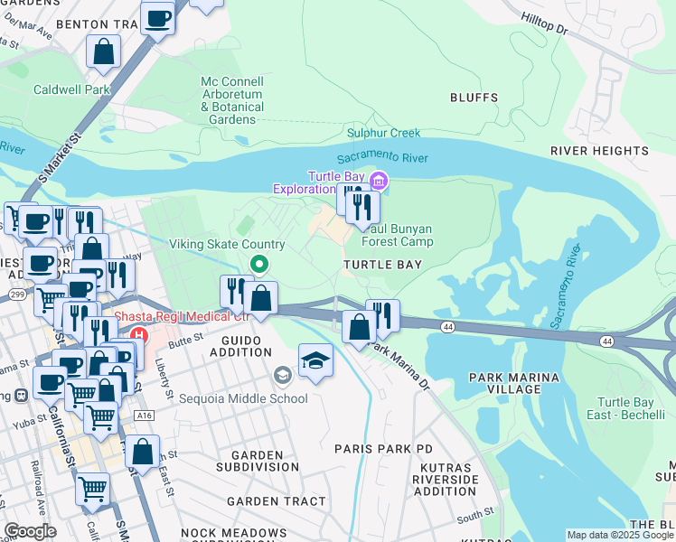 map of restaurants, bars, coffee shops, grocery stores, and more near 700 Auditorium Dr in Redding