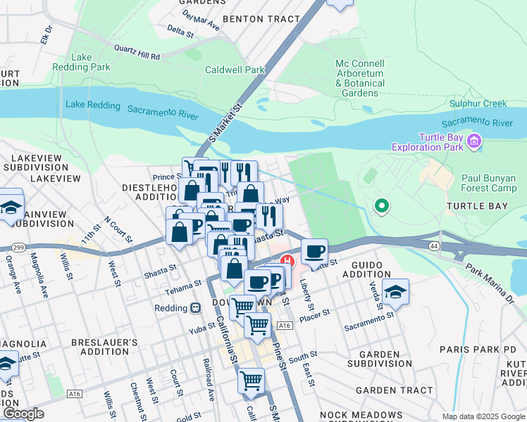 map of restaurants, bars, coffee shops, grocery stores, and more near 1203 East Street in Redding