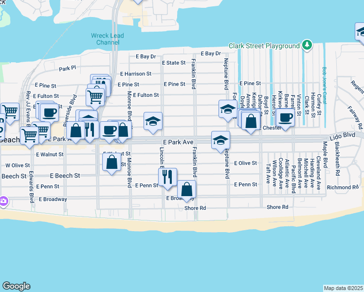map of restaurants, bars, coffee shops, grocery stores, and more near 430 East Park Avenue in Long Beach