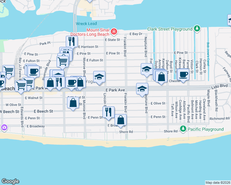 map of restaurants, bars, coffee shops, grocery stores, and more near 430 East Park Avenue in Long Beach