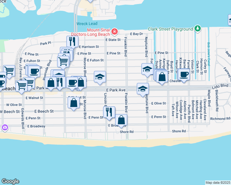 map of restaurants, bars, coffee shops, grocery stores, and more near 430 East Park Avenue in Long Beach