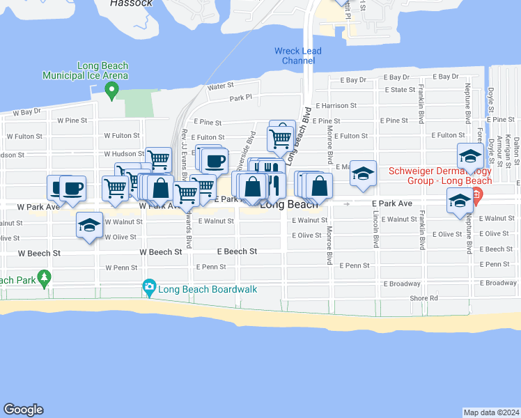 map of restaurants, bars, coffee shops, grocery stores, and more near 164 East Park Avenue in Long Beach