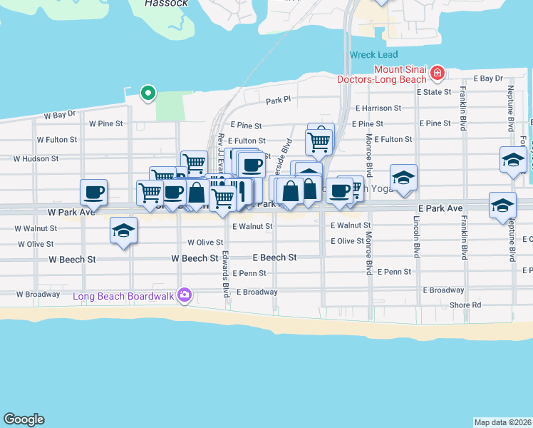 map of restaurants, bars, coffee shops, grocery stores, and more near 369-389 Riverside Boulevard in Long Beach