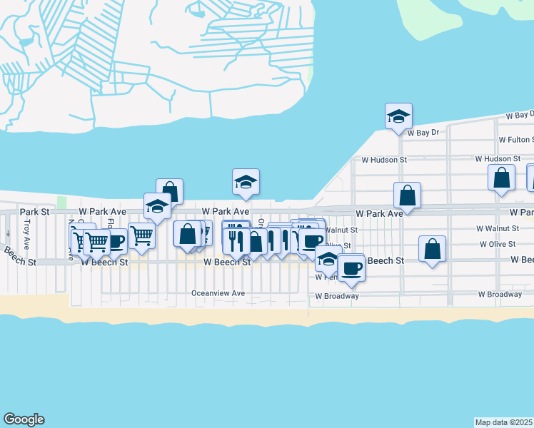 map of restaurants, bars, coffee shops, grocery stores, and more near 853 West Park Avenue in Long Beach