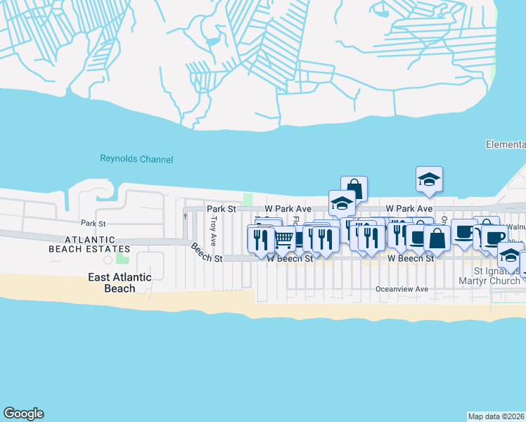 map of restaurants, bars, coffee shops, grocery stores, and more near 1207 West Park Avenue in East Atlantic Beach