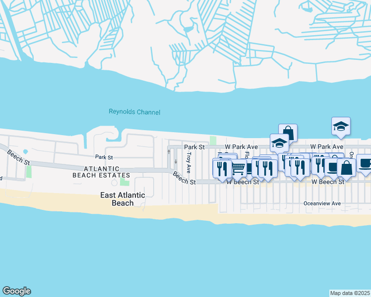 map of restaurants, bars, coffee shops, grocery stores, and more near 58 Bay Street in East Atlantic Beach