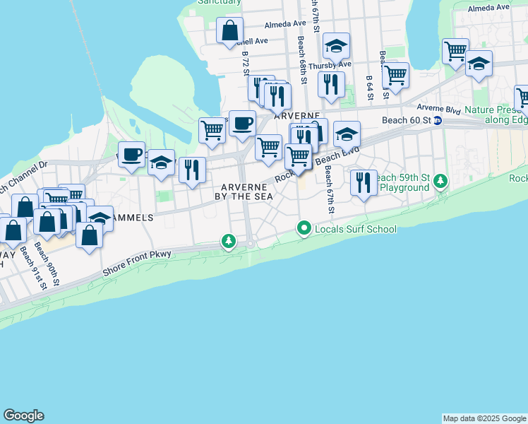 map of restaurants, bars, coffee shops, grocery stores, and more near 7203 Catamaran Way in Queens