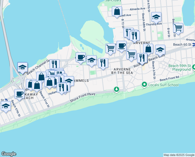 map of restaurants, bars, coffee shops, grocery stores, and more near 201 Beach 77th Street in Queens