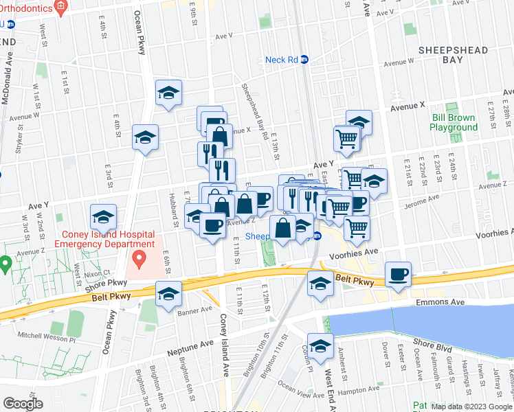 map of restaurants, bars, coffee shops, grocery stores, and more near 1213 Avenue Z in Brooklyn
