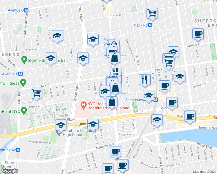 map of restaurants, bars, coffee shops, grocery stores, and more near 2785 Coney Island Avenue in Brooklyn