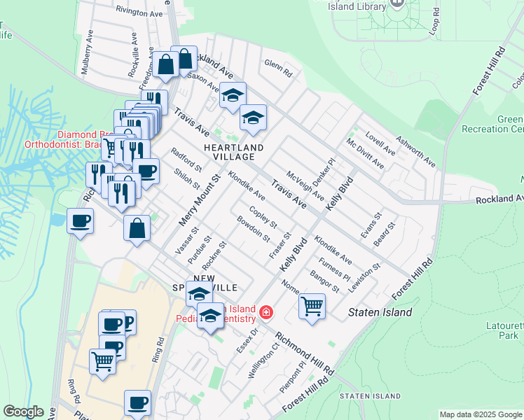 map of restaurants, bars, coffee shops, grocery stores, and more near 616 Klondike Avenue in Staten Island