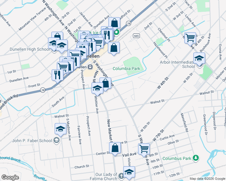 map of restaurants, bars, coffee shops, grocery stores, and more near 222 South Washington Avenue in Dunellen