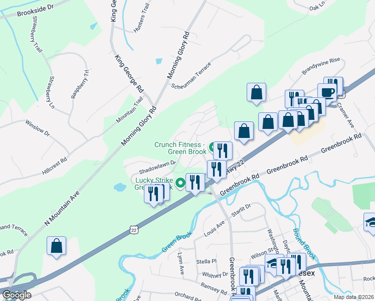 map of restaurants, bars, coffee shops, grocery stores, and more near 3004 King Court in Green Brook Township