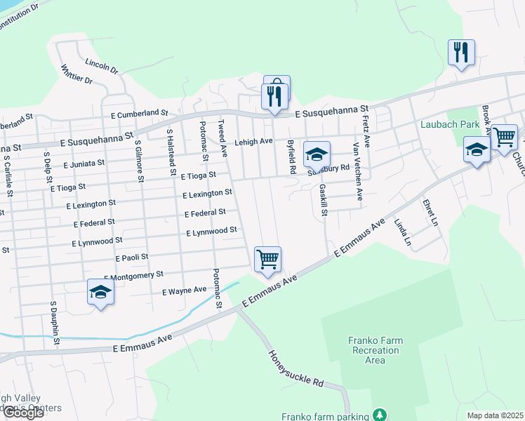 map of restaurants, bars, coffee shops, grocery stores, and more near 1535 Paxford Road in Allentown