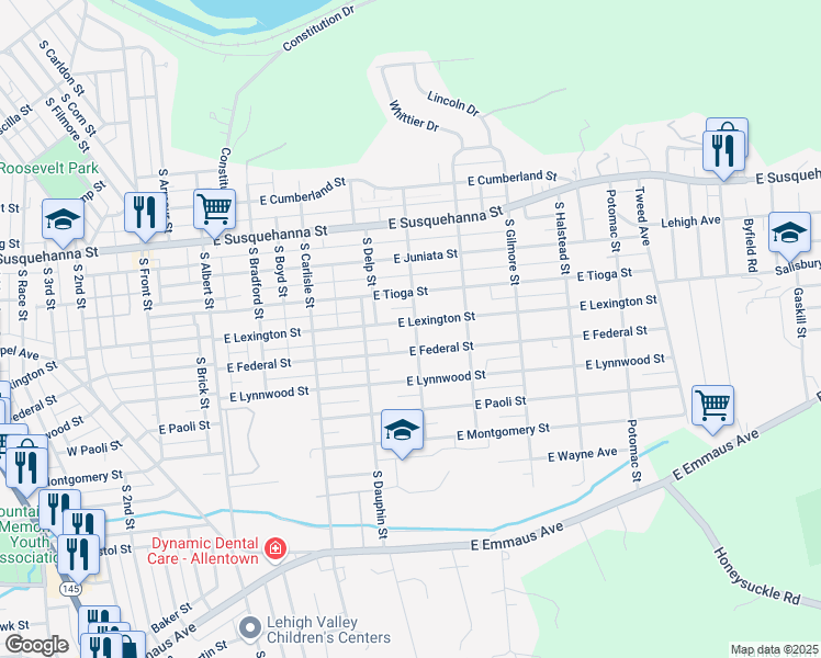 map of restaurants, bars, coffee shops, grocery stores, and more near 447 East Lexington Street in Allentown