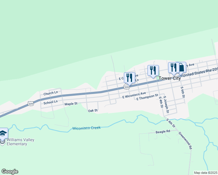 map of restaurants, bars, coffee shops, grocery stores, and more near 48 West Colliery Avenue in Tower City