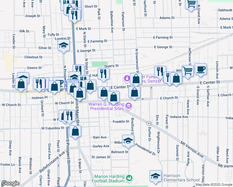 map of restaurants, bars, coffee shops, grocery stores, and more near 273 East Center Street in Marion