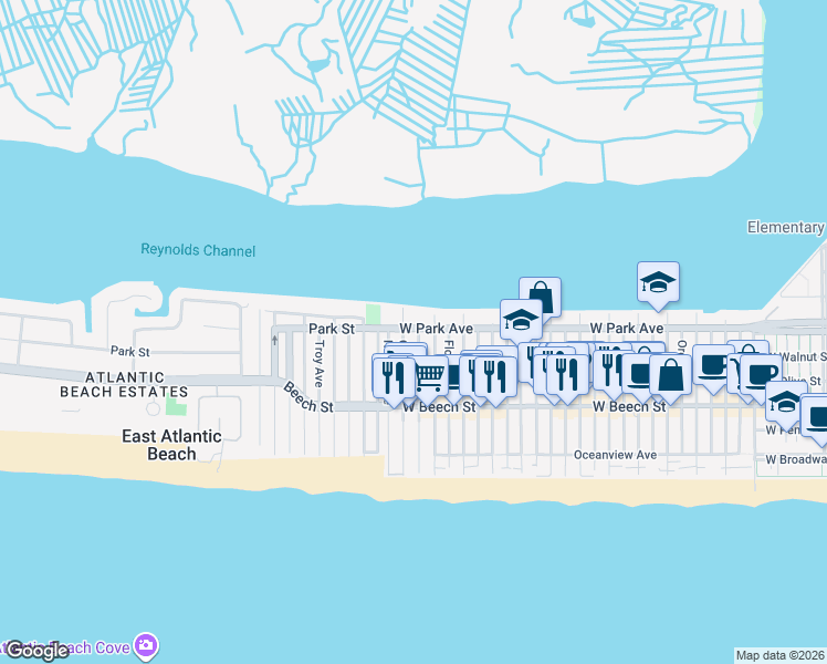 map of restaurants, bars, coffee shops, grocery stores, and more near 1101 West Park Avenue in East Atlantic Beach