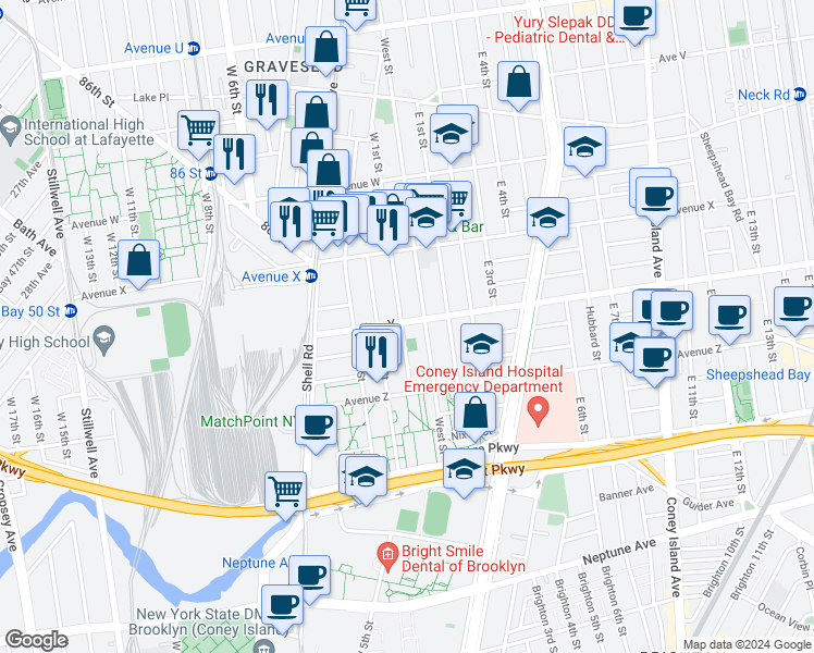 map of restaurants, bars, coffee shops, grocery stores, and more near 2507 West 1st Street in Brooklyn