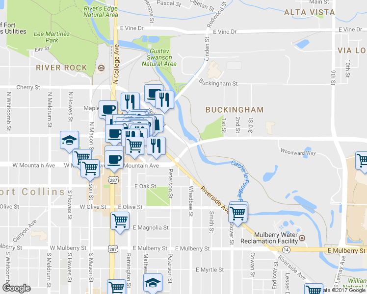 map of restaurants, bars, coffee shops, grocery stores, and more near 131 Lincoln Avenue in Fort Collins