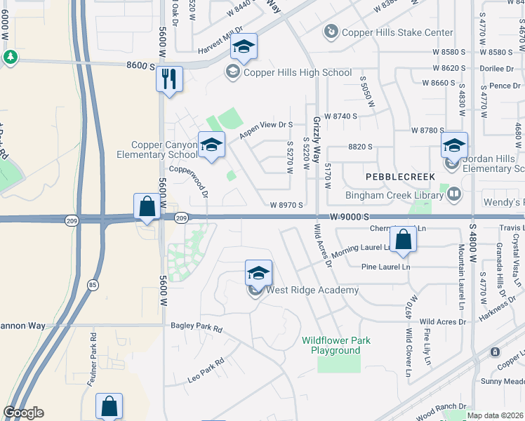 map of restaurants, bars, coffee shops, grocery stores, and more near 8964 Aspen View Drive West in West Jordan