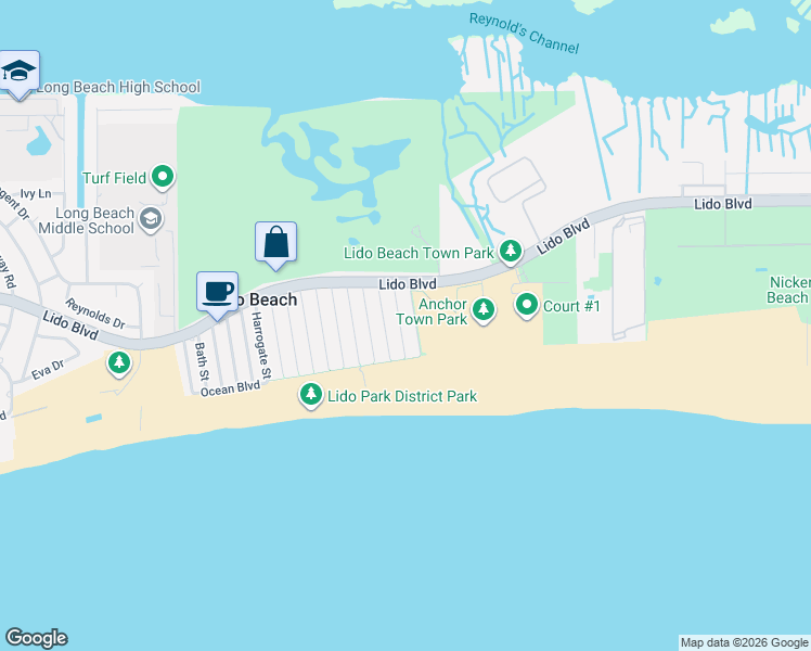 map of restaurants, bars, coffee shops, grocery stores, and more near 35 Saratoga Street in Lido Beach