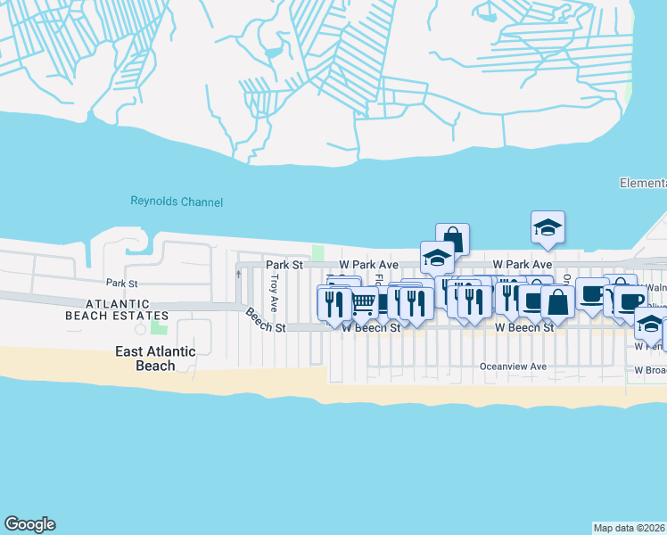 map of restaurants, bars, coffee shops, grocery stores, and more near 1207 West Park Avenue in East Atlantic Beach