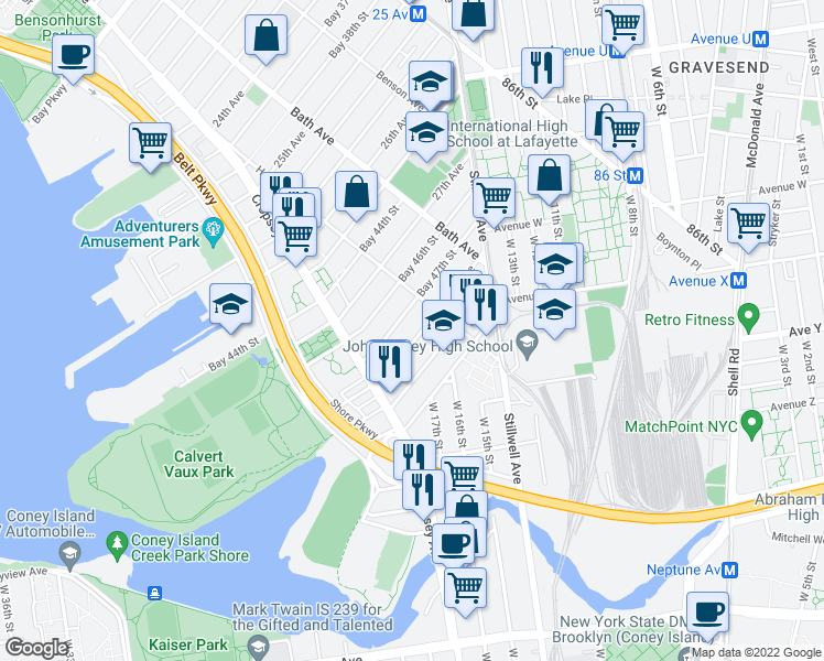 map of restaurants, bars, coffee shops, grocery stores, and more near 150 Bay 47th Street in Brooklyn