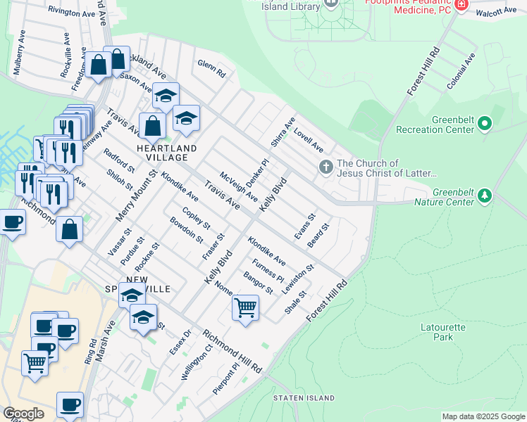 map of restaurants, bars, coffee shops, grocery stores, and more near 81 McVeigh Avenue in Staten Island