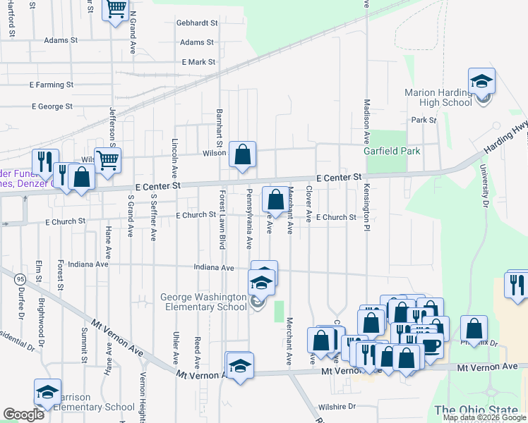 map of restaurants, bars, coffee shops, grocery stores, and more near 152 Pennsylvania Avenue in Marion