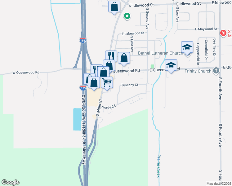 map of restaurants, bars, coffee shops, grocery stores, and more near 100-198 Tuscany Court in Morton