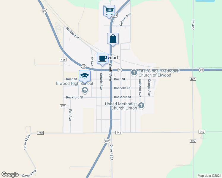 map of restaurants, bars, coffee shops, grocery stores, and more near 507 Smith Ave in Elwood
