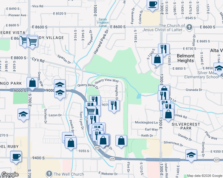 map of restaurants, bars, coffee shops, grocery stores, and more near 8971 Valley Bend Court in Sandy