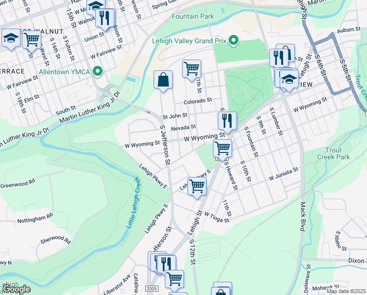 map of restaurants, bars, coffee shops, grocery stores, and more near 1202 West Wyoming Street in Allentown