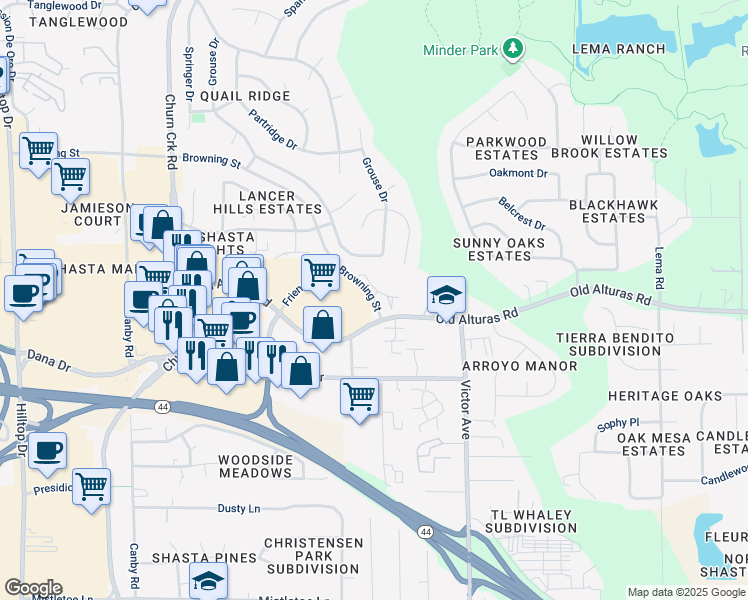 map of restaurants, bars, coffee shops, grocery stores, and more near 1365 Browning Street in Redding
