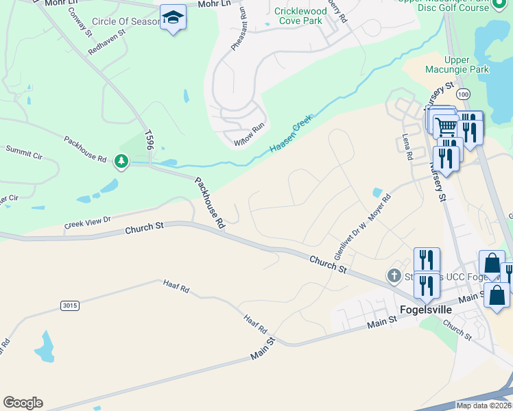 map of restaurants, bars, coffee shops, grocery stores, and more near 1705 Packhouse Road in Fogelsville