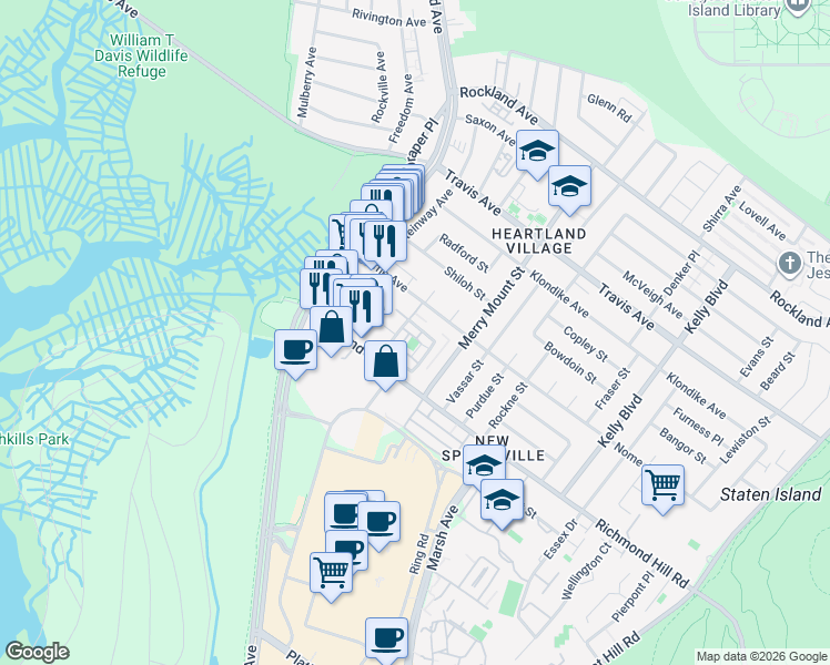 map of restaurants, bars, coffee shops, grocery stores, and more near 61 Country Drive North in Staten Island