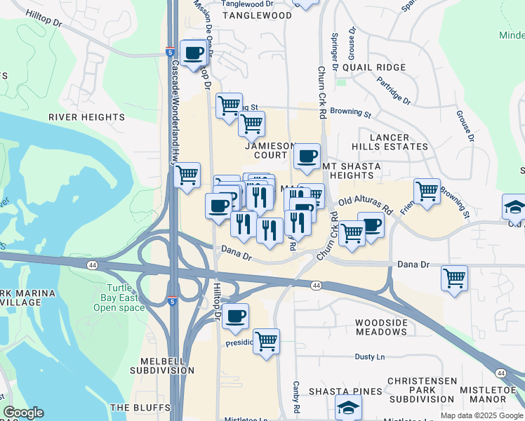 map of restaurants, bars, coffee shops, grocery stores, and more near 900 Dana Drive in Redding