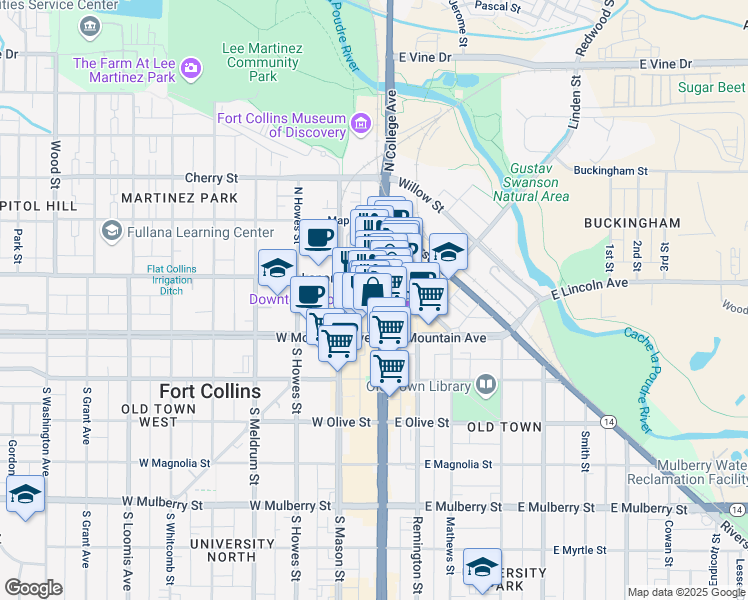 map of restaurants, bars, coffee shops, grocery stores, and more near 155 North College Avenue in Fort Collins