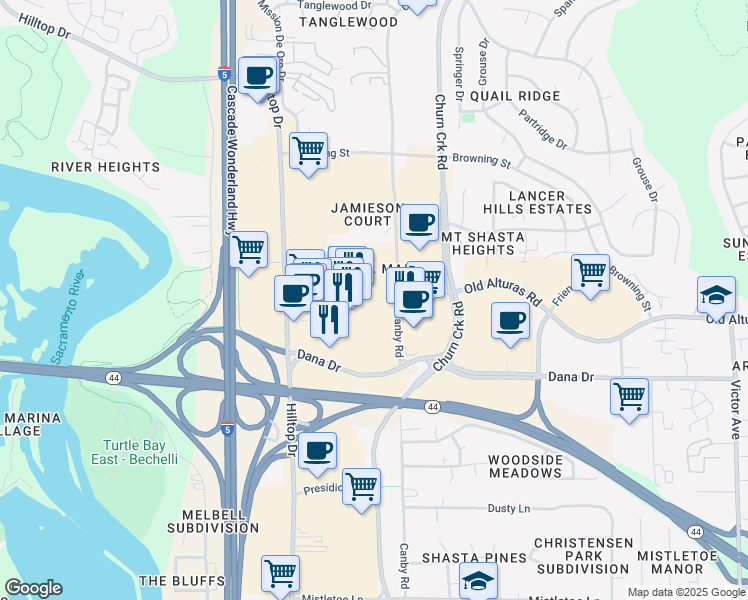 map of restaurants, bars, coffee shops, grocery stores, and more near 950 Dana Drive in Redding