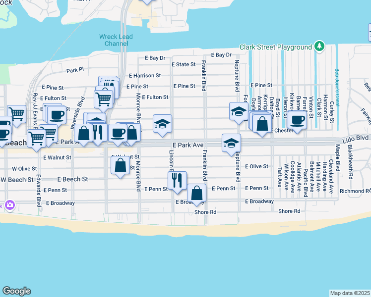 map of restaurants, bars, coffee shops, grocery stores, and more near 430 East Park Avenue in Long Beach