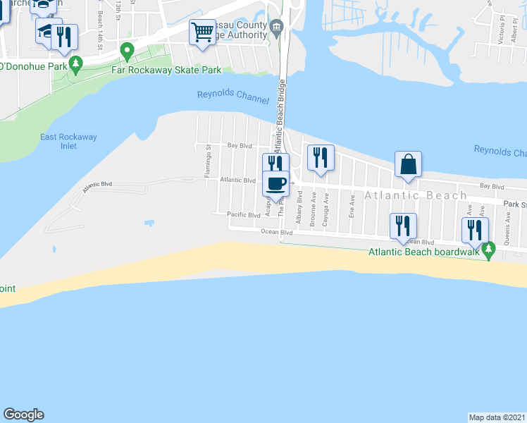 map of restaurants, bars, coffee shops, grocery stores, and more near 2064 Pacific Boulevard in Atlantic Beach