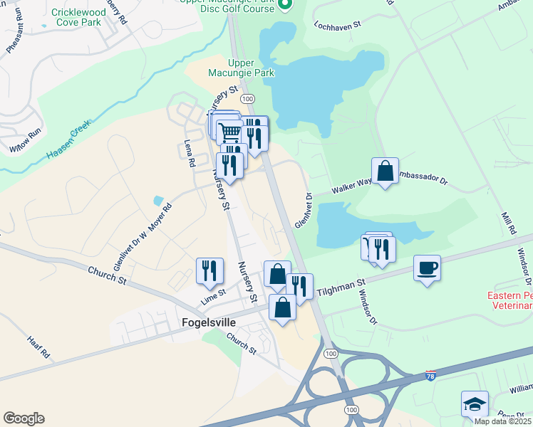 map of restaurants, bars, coffee shops, grocery stores, and more near 1625 Pennsylvania 100 in Fogelsville