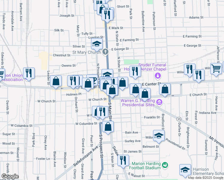 map of restaurants, bars, coffee shops, grocery stores, and more near in Marion